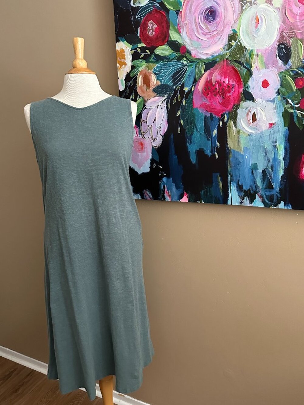 Eileen Fisher Organic Cotton Blend Sage Green Midi Dress M